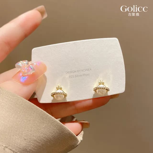 【Golicc】耳環 氣質微鑲 十字架 珍珠(99購物限定 生日 飾品 耳釘 耳飾 耳墜 禮物)