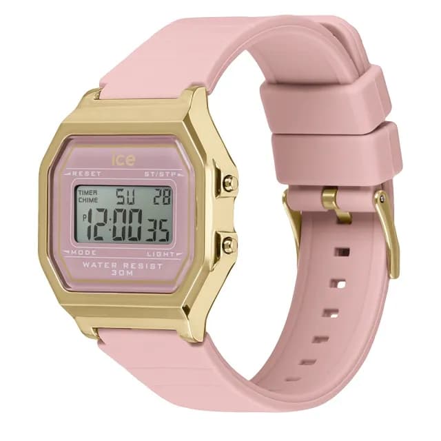 【Ice-Watch】ICE DIGIT RETRO系列 復古金框矽膠電子錶 32mm(粉紅色 七夕禮物 情人節)