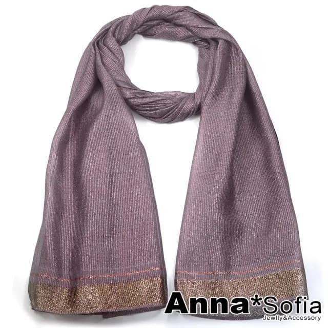 【AnnaSofia】仿真絲大尺寸披肩絲巾圍巾-金絲直紋線 現貨(藕紫粉系)