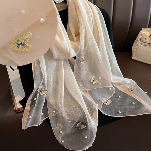 【AnnaSofia】真絲羊毛混紡大尺寸披肩絲巾圍巾-立體蝶飛手工釘珠 現貨(杏系)