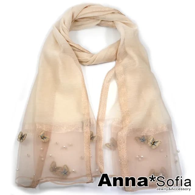 【AnnaSofia】真絲羊毛混紡大尺寸披肩絲巾圍巾-立體蝶飛手工釘珠 現貨(杏系)