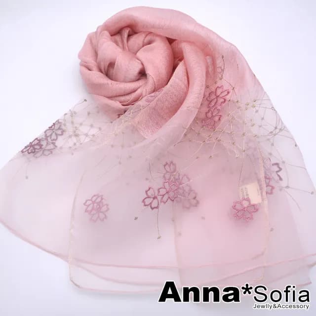 【AnnaSofia】真絲羊毛混紡大尺寸披肩絲巾圍巾-櫻花繡閃絲 現貨(粉系)