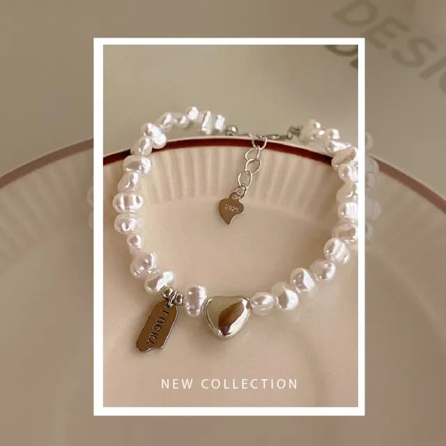 【幸運吊牌】巴洛克珍珠愛心吊牌手鍊(手工製作 幸運手環 手鏈 手鐲 串飾 手飾 首飾 珍珠手鍊)