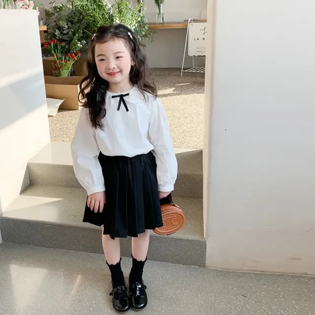 【橘魔法】翻領雲朵花邊黑蝴蝶結長袖襯衫(薄長袖 大童 長袖上衣 學生 制服 中童 女童 童裝)