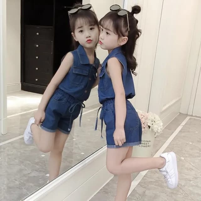 【小衣衫童裝】中大女童無袖短褲牛仔丹寧套裝(1130404)