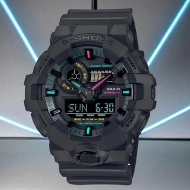 【CASIO 卡西歐】G-SHOCK 虛擬世界 霓虹科幻雙顯手錶 送禮 禮物 推薦(GA-700MF-1A)