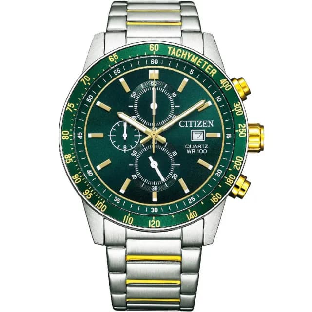 【CITIZEN 星辰】限量 賽車三眼計時手錶 男錶 綠色 44mm 禮物 推薦(AN3689-55X)
