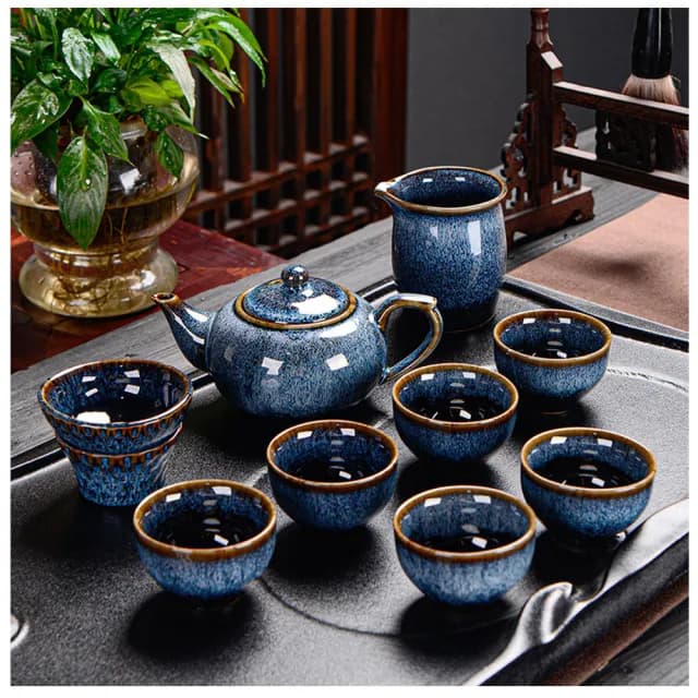 【TEA Dream】流星窯變質感陶瓷功夫茶具禮盒9件組(男生禮物 陶瓷茶具 窯變茶具 母親節禮物)