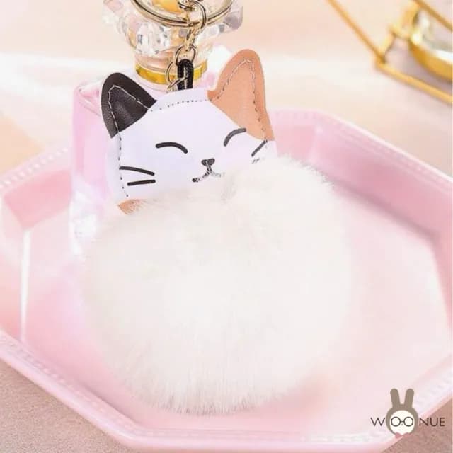 【WOONUE】1入高品質貓咪皮革絨毛球金桃花動物皮包背包鑰匙圈掛飾(兒童情人節朋友愛貓婚禮小物生日禮物)