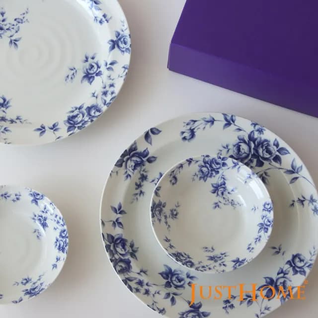 【Just Home】日本製玫瑰花陶瓷碗盤餐具4件組-2款可選(日本製 瓷盤 可微波)
