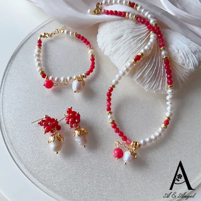 【ANGEL】拼色嫣紅珍珠果實串手鍊項鍊耳環可選(紅色)