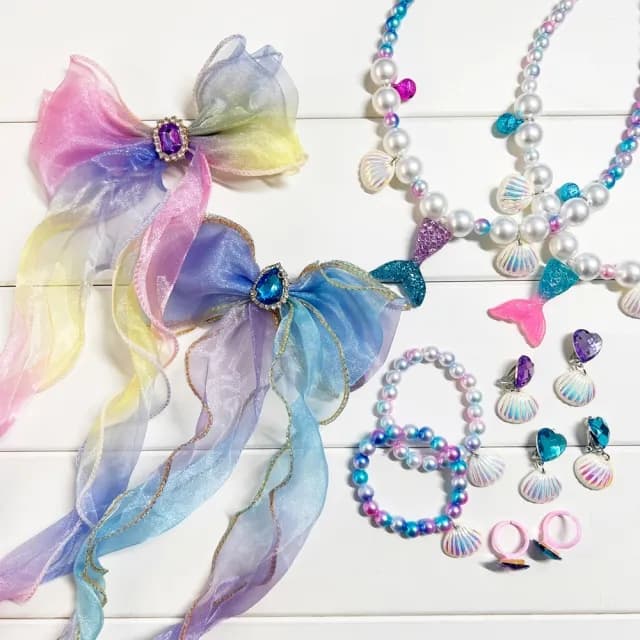 【橘魔法】漸層大蝴蝶結髮夾首飾組(7件組 套裝 項鍊 髮飾 髮夾 耳環 戒指 女童 兒童 童裝 生日 聖誕 禮物)