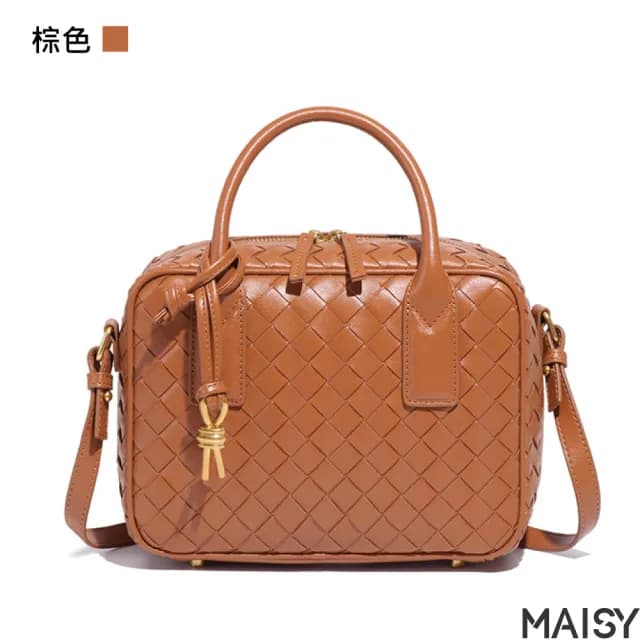 【MAISY】情人節禮物 經典奢華百搭編織單肩手提枕頭包(現+預 黑色／棕色／米色／綠色)