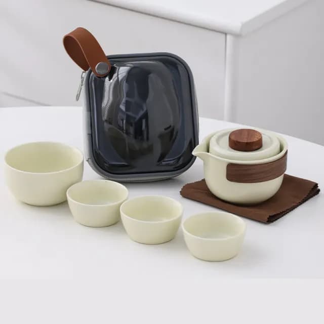 【言歡】汝窯陶瓷一壺4杯組-附收納包(泡茶組 茶杯 旅行茶具 茶器 快客杯 茶具套裝 露營 茶壺 功夫茶具)