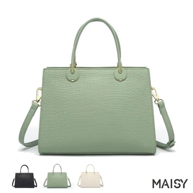 【MAISY】情人節禮物 時尚女流工藝高級鱷魚紋通勤手提包(現+預  米色／黑色／綠色)
