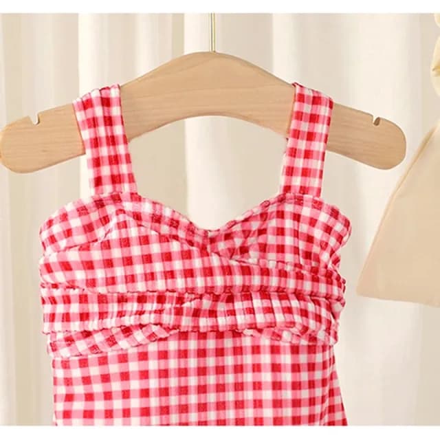 【橘魔法】肩帶 氣質格子細絨露背連身泳裝(附泳帽 一件式 泳衣 玩水 女童 兒童 童裝 保暖)