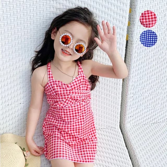 【橘魔法】肩帶 氣質格子細絨露背連身泳裝(附泳帽 一件式 泳衣 玩水 女童 兒童 童裝 保暖)