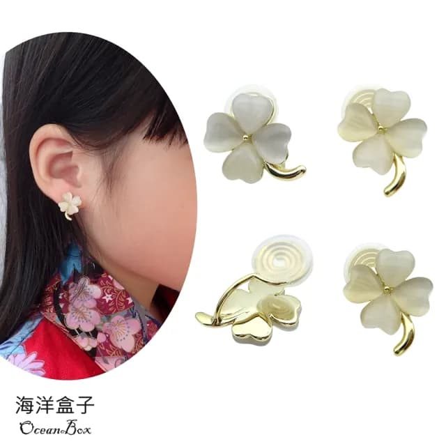 【海洋盒子】多款式珍珠.水滴.鋯石.貓眼石.玫瑰花.幸運草設計合金無痛蚊香盤夾式耳環(無耳洞可