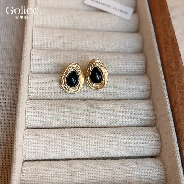【Golicc】耳環 中古 黑金色系 輕奢(99購物限定 生日 飾品 耳釘 耳飾 耳墜 禮物)