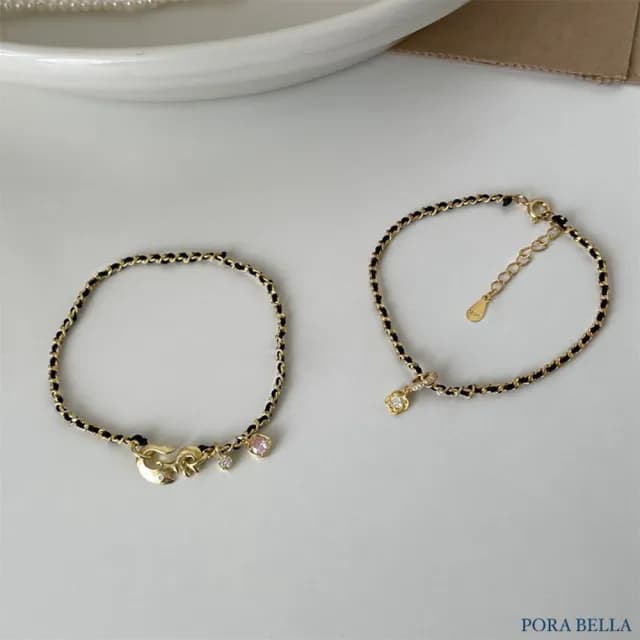 【Porabella】S925純銀山茶花手鍊 黑色細編織手鍊 個性風格 鋯石手鍊 情人節禮物 銀飾 Bracelets