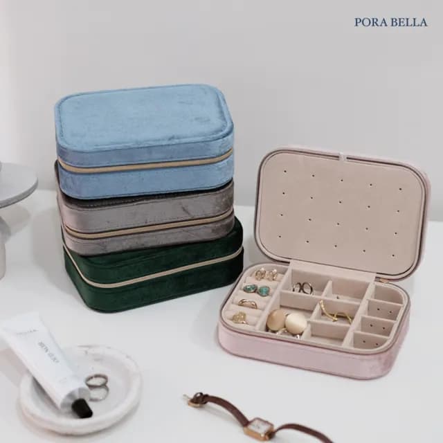 【Porabella】拉鍊絨布皮革首飾盒 旅行旅遊飾品戒指項鍊耳環耳夾收納 飾品收納盒 絨布質感飾品盒