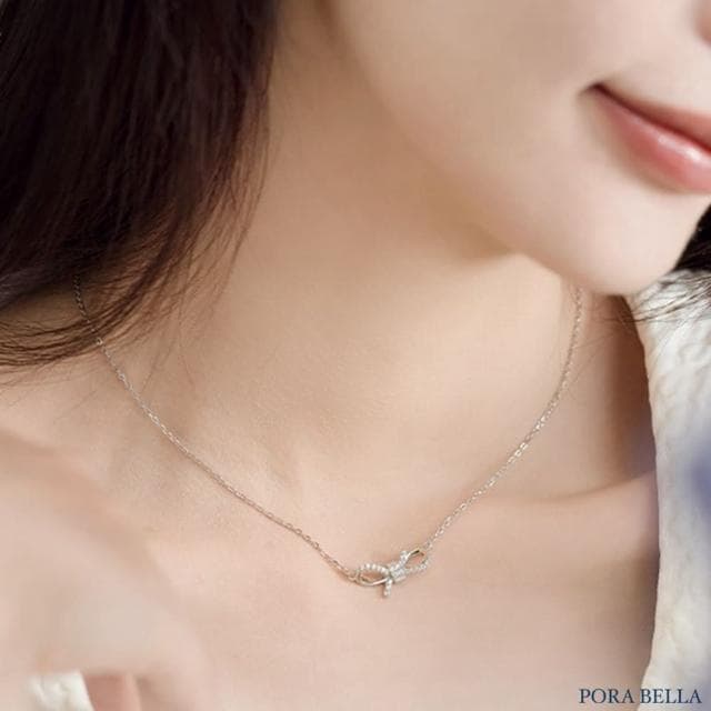 【Porabella】925純銀蝴蝶結項鍊 鋯石項鍊 鑲鑽鎖骨鏈 俏皮少女風 生日禮物 送女友 Necklace