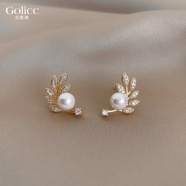 【Golicc】耳環 輕奢 金色樹葉 珍珠耳環(七夕 情人節 生日 飾品 耳釘 耳飾 耳墜 禮物)