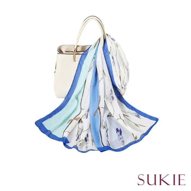【Sukie】雪紡紗圍巾 花朵圍巾/彩色邊框花朵印花50X150雪紡紗圍巾(4色任選)