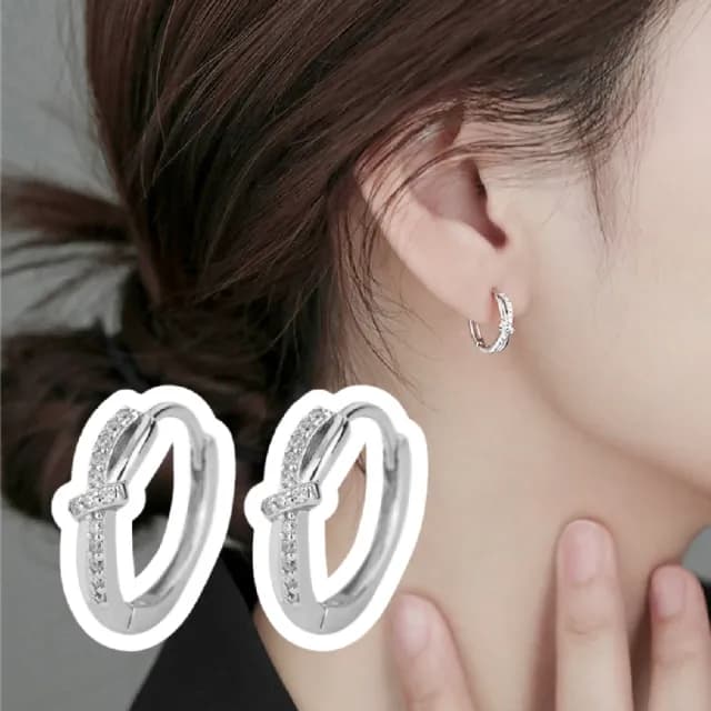 【時尚單品】輕奢水鑽S999純銀麻花繩結耳環(低敏 銀飾 圈圈耳環 夾式耳環 耳釘 耳飾 耳骨 養耳洞)