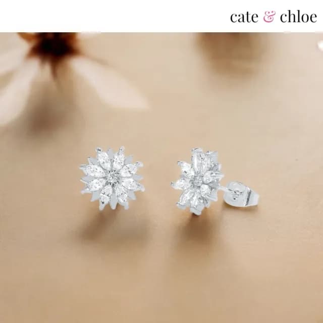 【Cate & Chloe】Lily 18K白金魅力綻放花之耳環(白金閃耀)