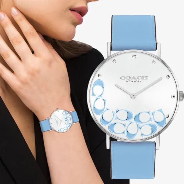 【COACH】Perry 天空藍 經典C字皮帶女錶 送禮推薦 禮物 送禮 手錶(CO14504136)