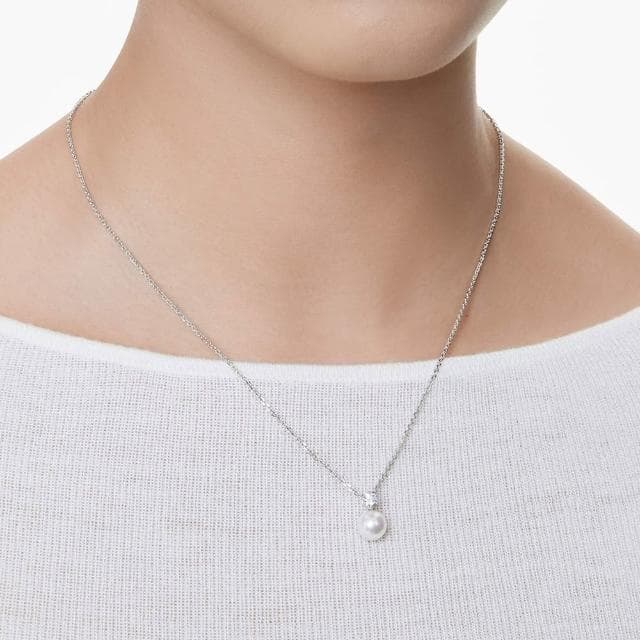 【SWAROVSKI 官方直營】Matrix 鏈墜 水晶珍珠 圓形切割 白色 鍍白金色 母親節禮物(情人節禮物)