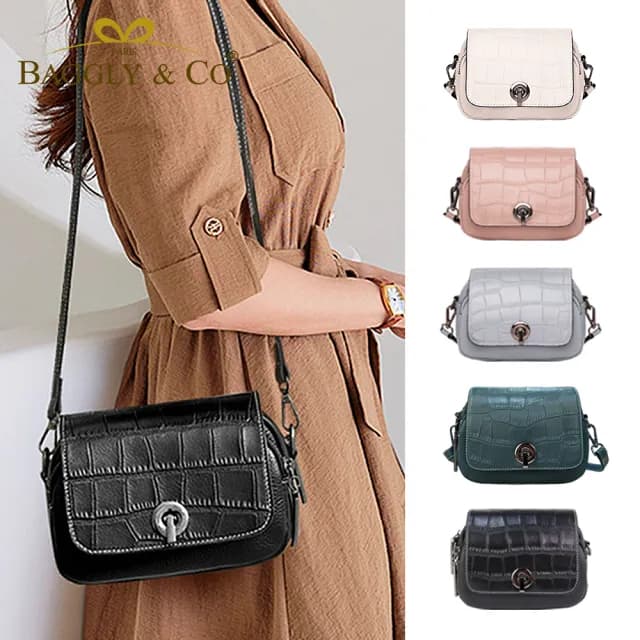 【BAGGLY&CO】情人節禮物 希爾特曼鱷魚紋真皮相機包手機包(真皮包包 珍珠白/粉色/淺藍色/綠色/黑色)