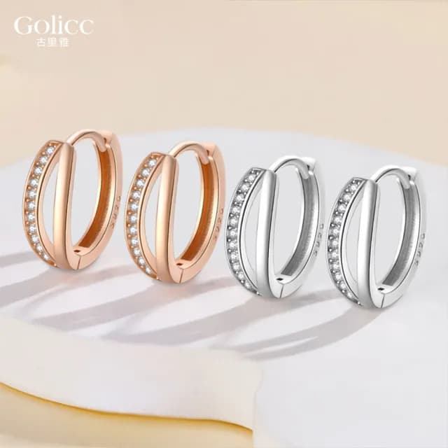 【Golicc】耳環 簡約雙環 縷空鑲鑽(七夕 情人節 生日 飾品 耳釘 耳飾 耳墜 禮物)