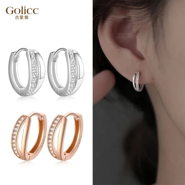 【Golicc】耳環 簡約雙環 縷空鑲鑽(七夕 情人節 生日 飾品 耳釘 耳飾 耳墜 禮物)