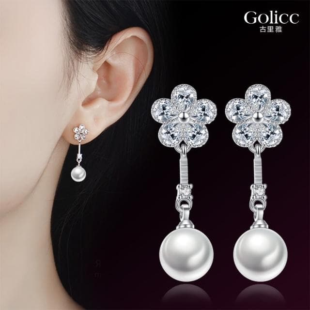 【Golicc】耳環 典雅花朵 垂墜珍珠(母親節 生日 情人節 飾品 耳釘 耳飾 耳墜 禮物)