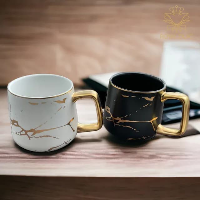 【Royal Duke】霧光大理石紋陶瓷馬克杯410ML兩入組★交換禮物(聖誕節 文青 現代 咖啡杯 馬克杯 水杯 茶杯)