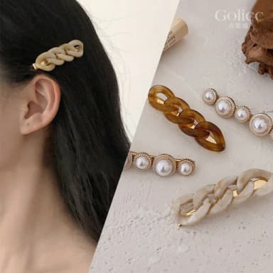 【Golicc】髮夾 復古鍊條+氣質珍珠 2入組 瀏海夾(母親節 生日 情人節 髮飾 頭飾 鯊魚夾 抓夾 禮物)