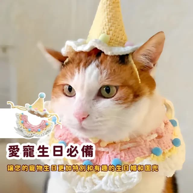 【派對焦點】寵物生日帽+圍兜(圍兜 貓咪 狗 口水巾 圍脖 帽子 禮帽 生日帽 衣服 領巾 圍巾)
