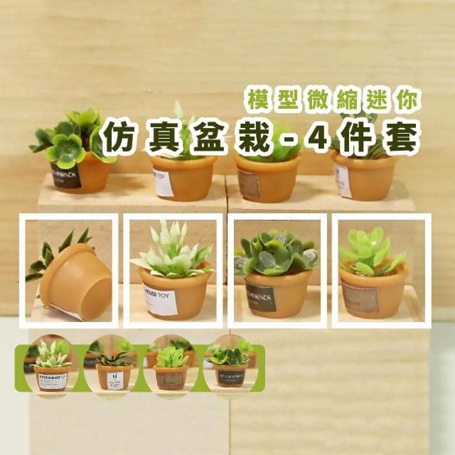 【盆肉】模型微縮迷你仿真盆栽-4件套(仿真植栽 造景擺飾多肉植物 可愛 小物 桌面擺設 微景觀 辦公室)