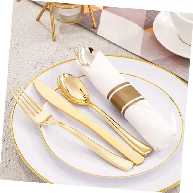 【派對必備】質感電鍍一次性餐具3入組-附餐巾(刀子 叉子 湯匙 腰封 牛排刀 高級 勺子 聚會 紙巾 免洗)