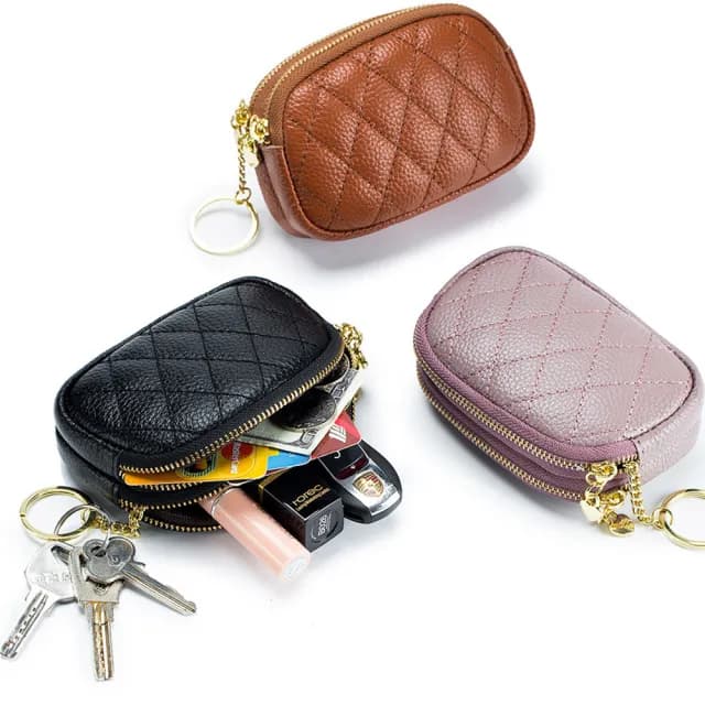 【MoonDy】雙11 包包 零錢包 雙拉鏈零錢包 真皮包包 零錢包 牛皮零錢包 雙層零錢包 菱格零錢包