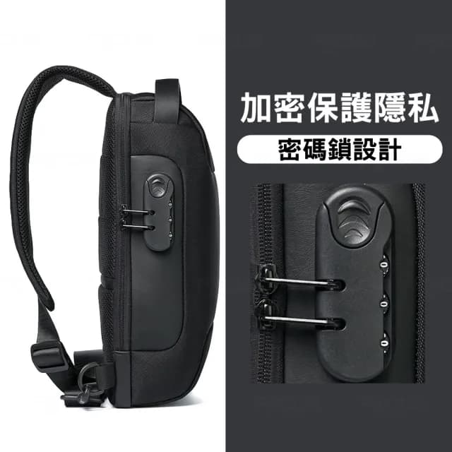 【BAGGLY&CO】父親節禮物 雷恩防盜密碼鎖男士休閒肩背胸包/附USB線(迷彩色/黑色)