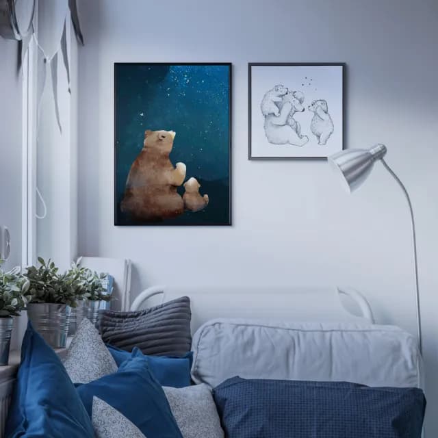 【菠蘿選畫所】星空下的願望 -70x100cm(可愛熊熊親子掛畫/插畫/父親節禮物/遊戲房佈置)