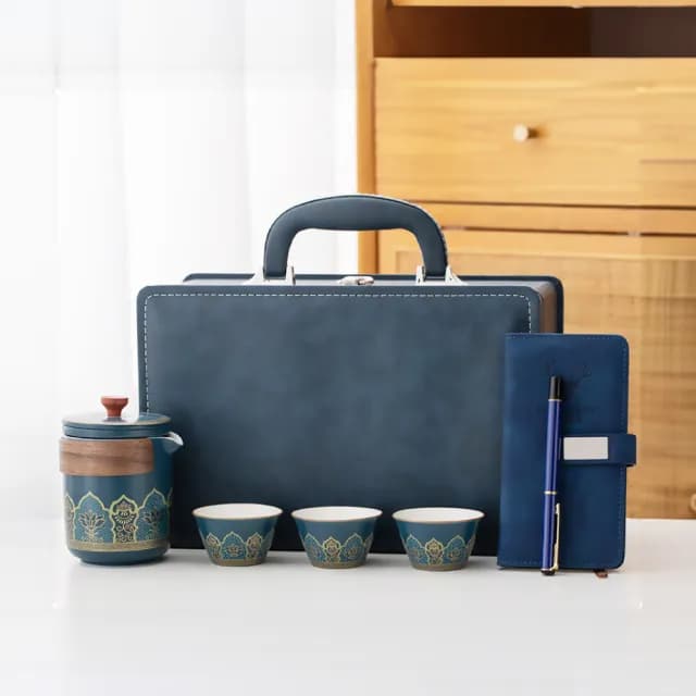 【鎏金堆花】古風陶瓷茶具7件套-附手提包(防震箱 商務杯 茶壺 茶杯 旅行茶具組 收納包 泡茶 禮物)