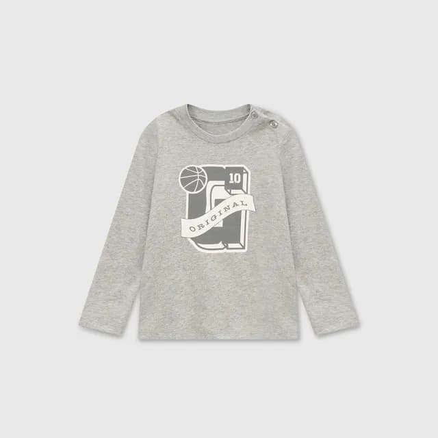 【GAP】兒童裝 Logo純棉印花圓領長袖T恤-灰色(646074)