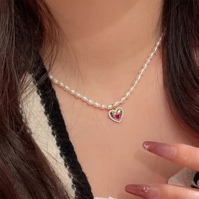 【MoonDy】情人節禮物 包包 串珠項鍊 珍珠項鍊 愛心項鍊 女生項鍊 韓國項鍊 閨蜜項鍊 項鍊女 鎖骨鏈  復古
