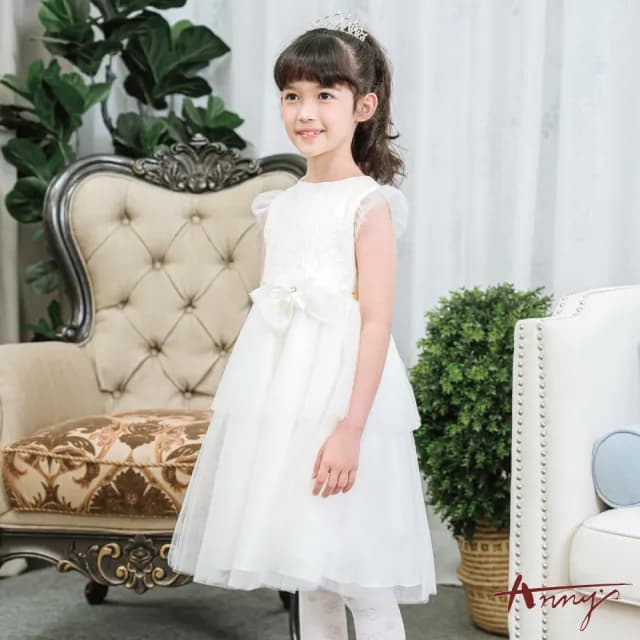 【ANNY’S 安妮公主】童裝 亮片蕾絲拼接秋冬款禮服(2205米白 花童 畢業禮服 婚禮 全家福)