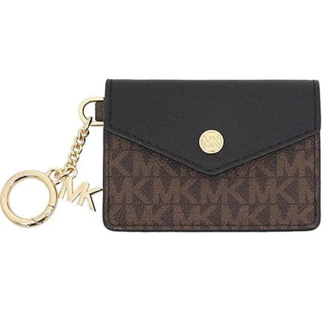 【Michael Kors】黑x咖啡PVC滿版LOGO鑰匙圈零錢包
