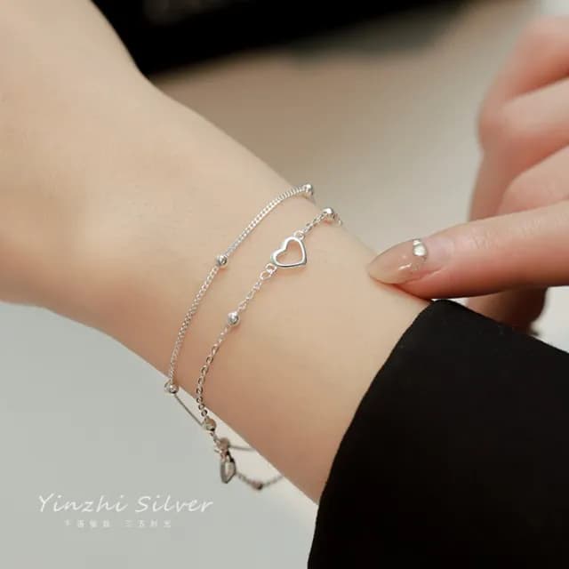 【LEEHER】雙11 女生/純銀手鍊/手鍊女/雙層手鍊/愛心手鍊/ins手鏈/手環/心形/閨蜜手鍊/韓國手鍊